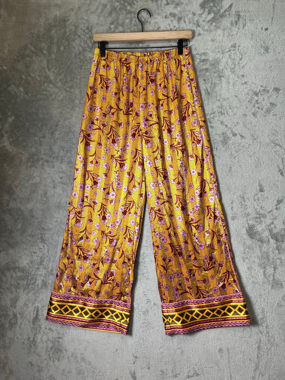 Free People Intimately Floral Wide Leg Pants XS Boho Palazzo Pull On Yellow Pink
